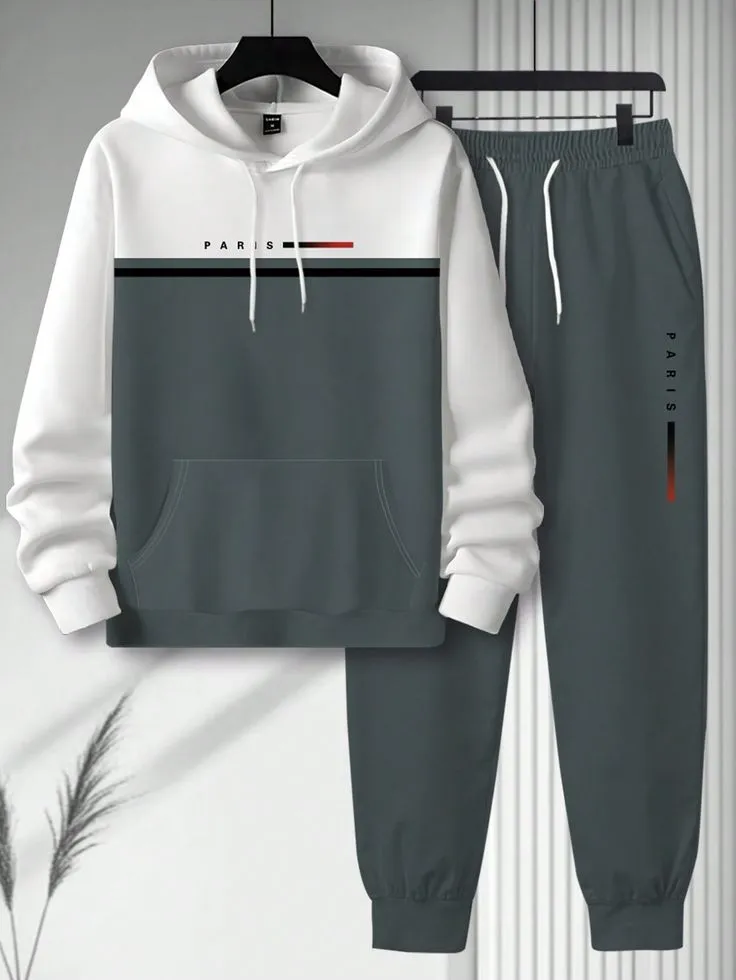 Two-Tone Charcoal & White Customizable Hoodie Tracksuit