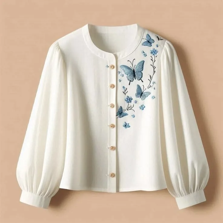 Azure Butterfly Women's Luxury Mandarin-Collar Shirt